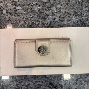 Coach Large Metallic Silver Women's Leather Wallet - Turn-Lock Closure